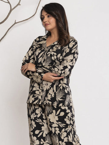 Varanga Women Floral Printed Front Placket Shirt with Flared Palazzo